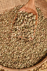 Coffee beans on wooden spoon for background