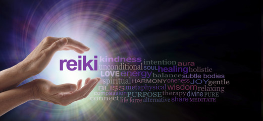 Reiki Vortex Healing Word Cloud - Female hands cupped around the word REIKI with a relevant word cloud on a spiraling bright light vortex background and copy space - obrazy, fototapety, plakaty