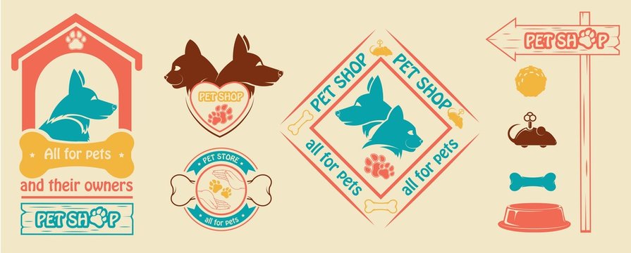 Vector set of logos and emblems for a pet store. Vector image, logo cats and dogs, with elements of their supply, bone, bowl, clockwork mouse, a rubber ball for the game.