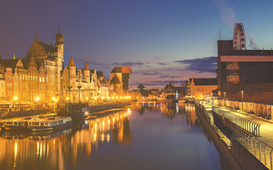 Cityscape of Gdansk in Poland, panorama night city