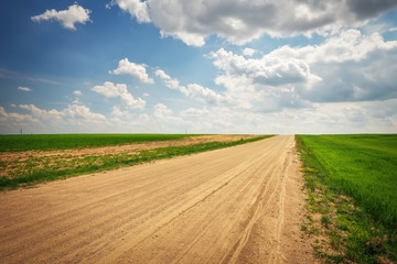 Beautiful landscape with road, green fields and blue cloudy sky