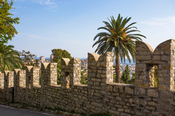 Walls around the castle / Walls/ seaview/ Palms/ Albertis Castle/ Genoa/Italy