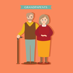 Young lovely grandparents on an orange background. Family grandma and grandpa vector illustration for design.