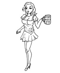 Coloring page of a waitress holding beer at german oktoberfest