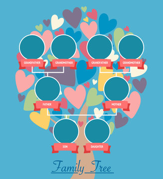 Family Tree Generation Icons Infographic Avatars In Flat Style. Family Design Over Tree With Colorful Heart Leaves. Vector Illustration