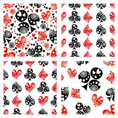 Set of seamless vector patterns with icons of playings cards. Black and red backgrounds with hand drawn symbols. Decorative repeating ornament. Series of Gaming and Gambling Seamless vector Patterns.