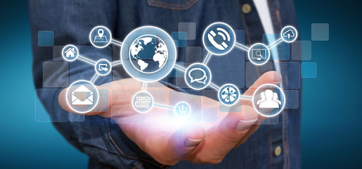 Businessman holding digital tactile screen web network with web