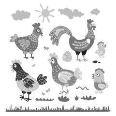 Set hen rooster chicken for children. The character of happy, bright birds. Illustrations for the postcards, T-shirts, artwork, calendars. birthday. kids vector