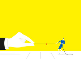 Against power / A business woman is tug of war with a huge hand.