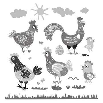 Set hen rooster chicken for children. The character of happy, bright birds. Illustrations for the postcards, T-shirts, artwork, calendars. birthday. kids vector