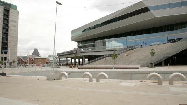 wide shoot pan from street to dokk1.01.08.2016.Location: Dokk1, Aarhus harbour, Denmark.Completed in 2015, the 35,600m&sup2; facility is the largest public library in Scandinavia.