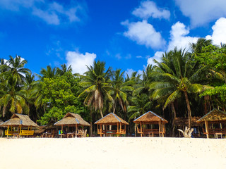 Bamboo Island Huts Lining Tropical Palm Tree Beach - Siargao, Mindanao - Philippines