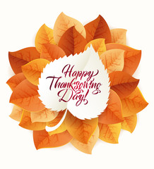 Happy Thanksgiving Day circular ornament made of leaves on white background. Happy Thanksgiving Day Greeting Card Poster. Thanksgiving Day card template. Happy Thanksgiving banner, flyer
