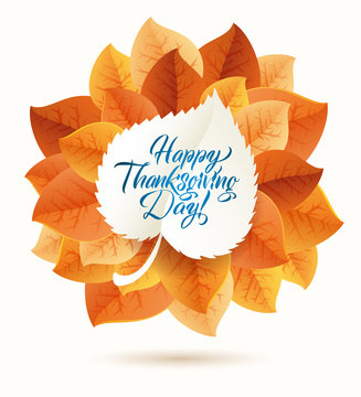 Happy Thanksgiving Day circular ornament made of leaves on white background. Happy Thanksgiving Day Greeting Card Poster. Thanksgiving Day card template. Happy Thanksgiving banner, flyer