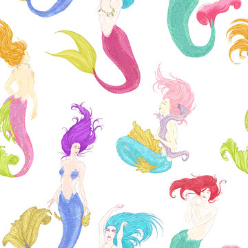 Colorful Sketched mermaids set, watercolor character design. Hand drawn singing cute mermaid, beautiful collection for t-shirt print. Vector illustration.