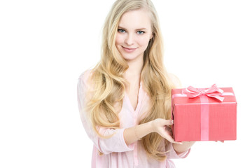 Beautiful woman and gift isolated.