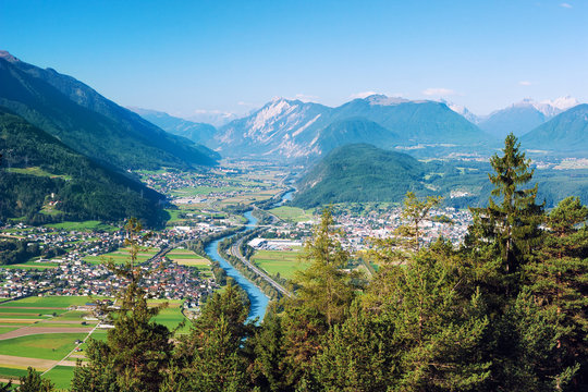 Panoramic bird's eye view of the cities Rietz, Telfs, Pfaffenhofen and the river Inn in Tyrol, Austria (Europe).