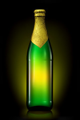 Bottle of beer with golden foil isolated on black background