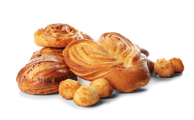 Assortment of sweet tasty pastries isolated on white