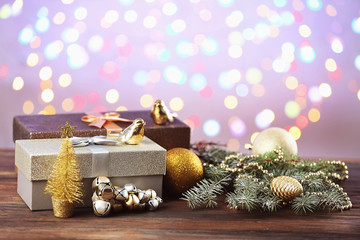 Christmas presents and decoration on wooden table