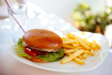 Hamburger and french fries on a white plate.