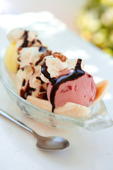Ice Cream Banana split with chocolate sauce