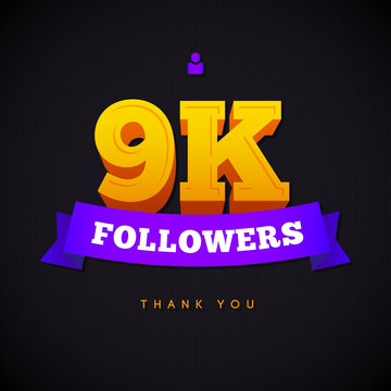 Thank you 9000 followers card. Vector thanks design template for network friends and followers. Image for Social Networks. Web user celebrates a large number of subscribers or followers