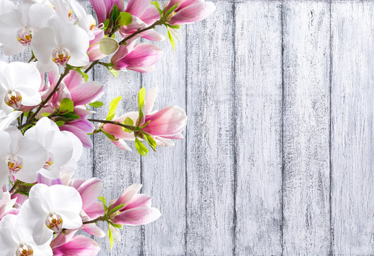 Magnolia with orchid on background of shabby wooden planks