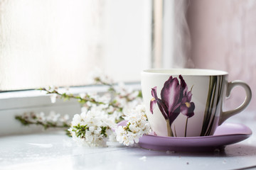 Hot drink cup beside window whith spring flower
