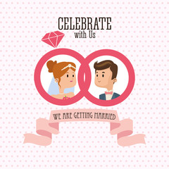 man and woman cartoon couple inside rings with ribbon icon. Wedding and marriage theme. Colorful design. Vector illustration