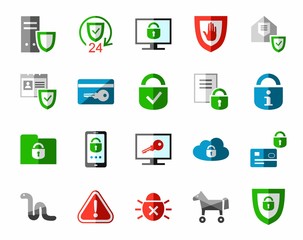 Information protection, color, flat icons. Information technology, data security system. Vector, color pictures on a white background. 