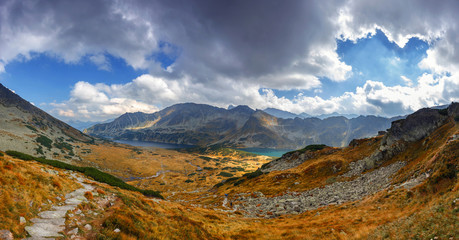 Panoramic vie of 5 lakes valley in High Tatra Mountains, Poland