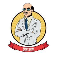 Doctor cartoon with uniform inside circle with ribbon icon. Medical care pop art comic and retro theme. Colorful design. Vector illustration