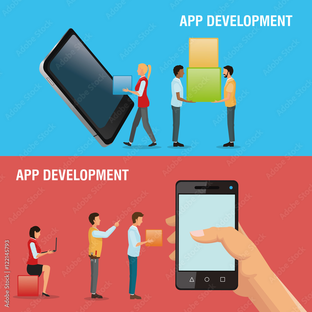Wall mural avatars cubes and smartphone icon. app development and programming theme. colorful design. vector il