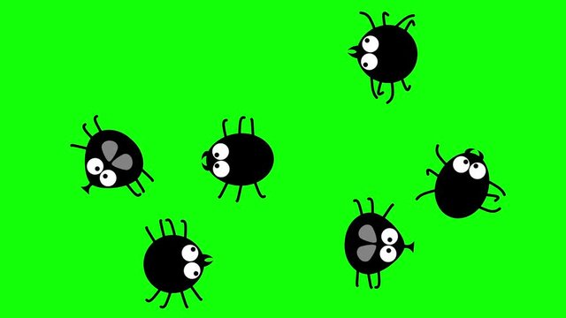 Funny black insects crawling on green screen, 2d animated cartoon, seamless