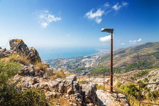 Sunny view of Costa del Sol from the top of Calamorro mountain, Benalmadena, Andalusia province, Spain.
