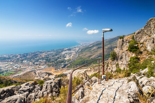 Sunny view of Costa del Sol from the top of Calamorro mountain, Benalmadena, Andalusia province, Spain.