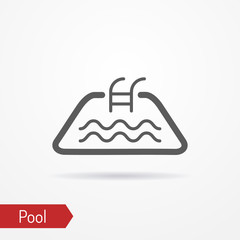 Abstract simplistic pool icon in line style with shadow. Small pool silhouette with water waves. Swim vector stock image.