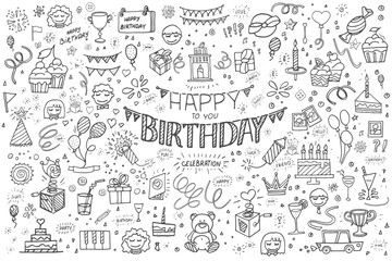 Happy birthday hand drawn vector illustration. Party and celebration design balloon, gifts, fireworks, ribbon, confetti, cake drinks - obrazy, fototapety, plakaty