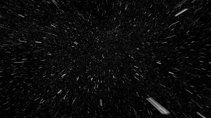 Falling snowflakes towards on black background, matte, wide angle,seamless animation, perfect for digital composition