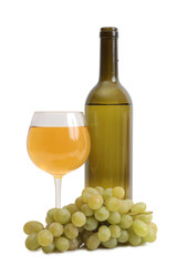 Bottle glass of wine and grapes on white background