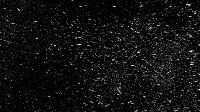 Falling real snowflakes from left to right, shot on black background, matte, wide angle, animation with start and end, isolated, perfect for digital composition