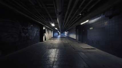 Smooth camera steady slide shot around old long extended industrial house tunnel basement, with...