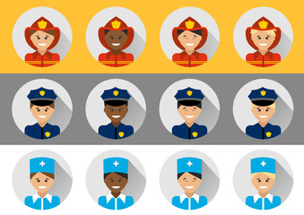 Set of people different nationalities police, fireman, doctor