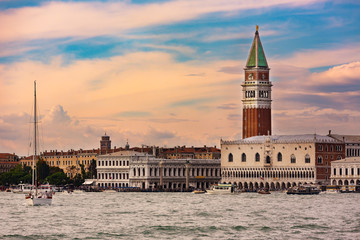 Bell tower of St Mark's Campanile (Campanile di San Marco) in Venice, view from the sea.