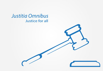 Justitia Omnibus is Justice for all in Latin. Justice hammer icon vector. Stylized judge gavel.