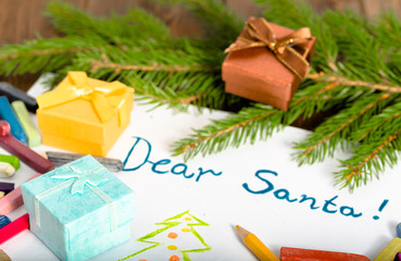 Decorative Christmas letter to Santa Claus with presents and decorations