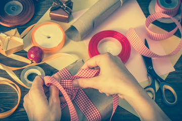 Christmas gift box, wrapping present with paper and ribbon