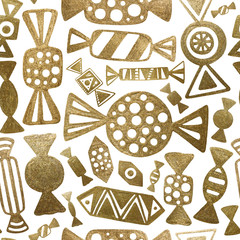 Gold candy illustration. Hand drawn abstract sweets. Seamless pattern. 