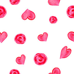 Watercolor hand drawn seamless pattern. Background with pink hearts and circles